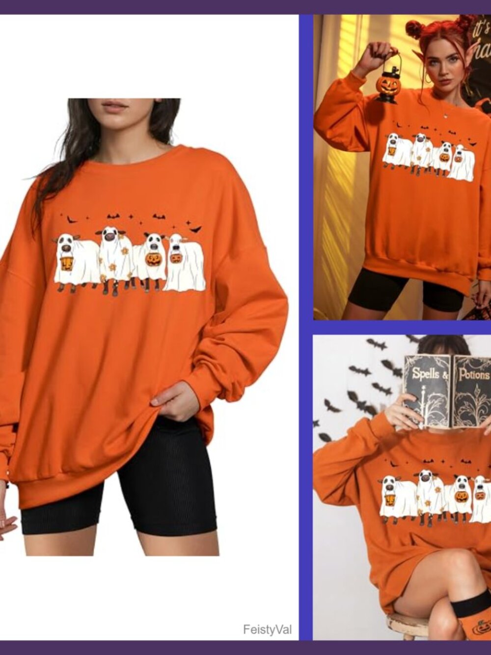 Halloween Ghost Cow Sweatshirt Women Cotton Blend Long Sleeve Pullover